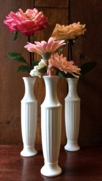 Three Vintage Milk Glass Vases with Flowers