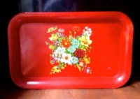 Vintage Red Vintage Painted Floral Metal Tray