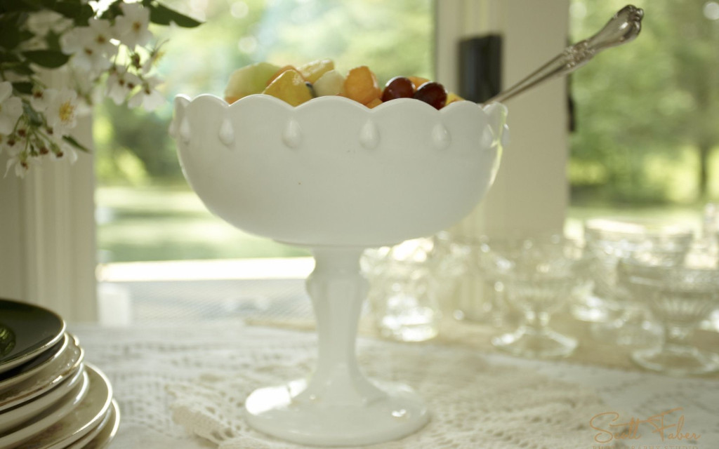 Large Tear Drop Milk Vintage Milk Glass Compote Filled with Fruit