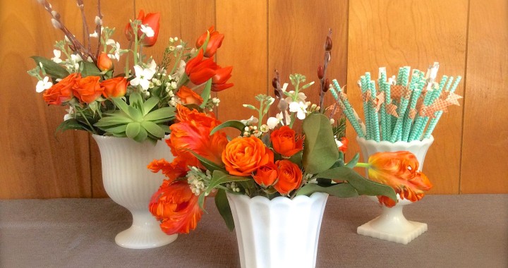 Assorted Vintage Milk Glass Vases with Flowers and Straws