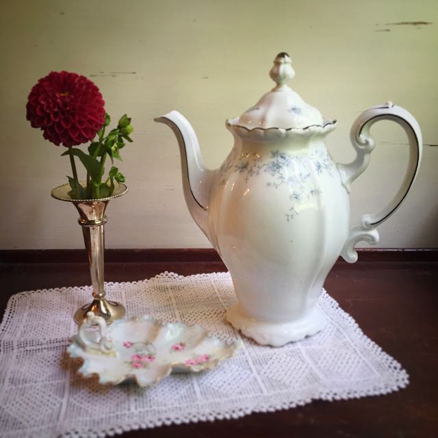 Teapot white blue flowers Southern Vintage Table