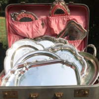 Vintage Silverplate Trays in Suitcase