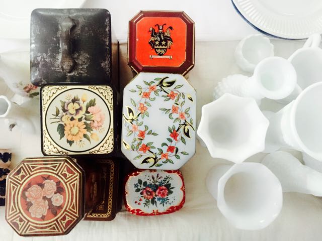 Vintage Tins and Milk Glass at Southern Vintage Table