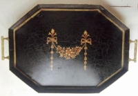 Vintage Black Gold Trim Footed Metal Tray-Large