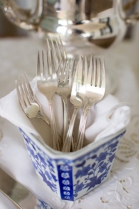 Vintage Forks in Blue and White Planter