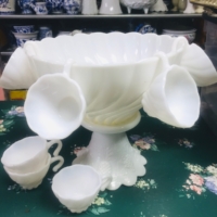 Vintage Milk Glass Punch Bowl and Cups