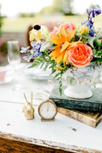 Vintage Clock and Brass Bunny in Centerpiece