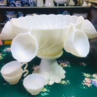 Vintage Milk Glass Punch Bowl with Cups