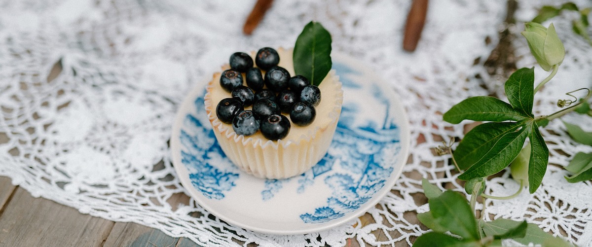 Blueberry Cheesecake on Blue and White Plate