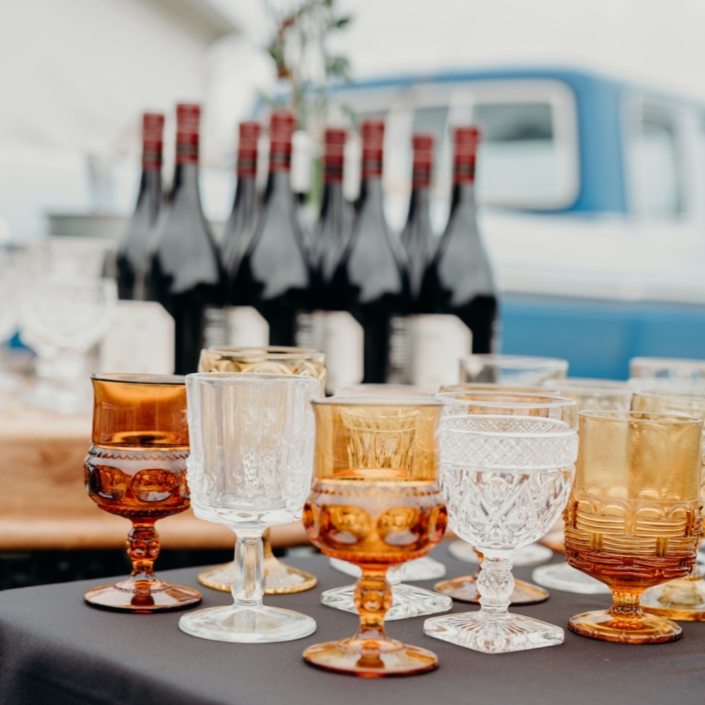 Vintage Amber and Clear Goblets with Wine