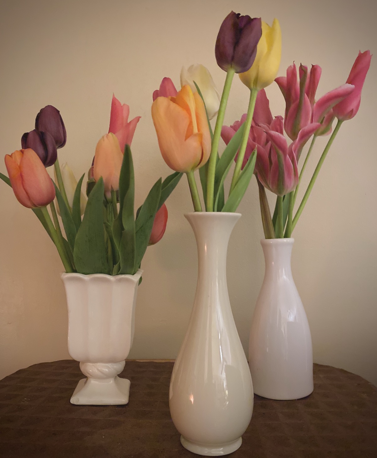Tulips in Vintage White Vases