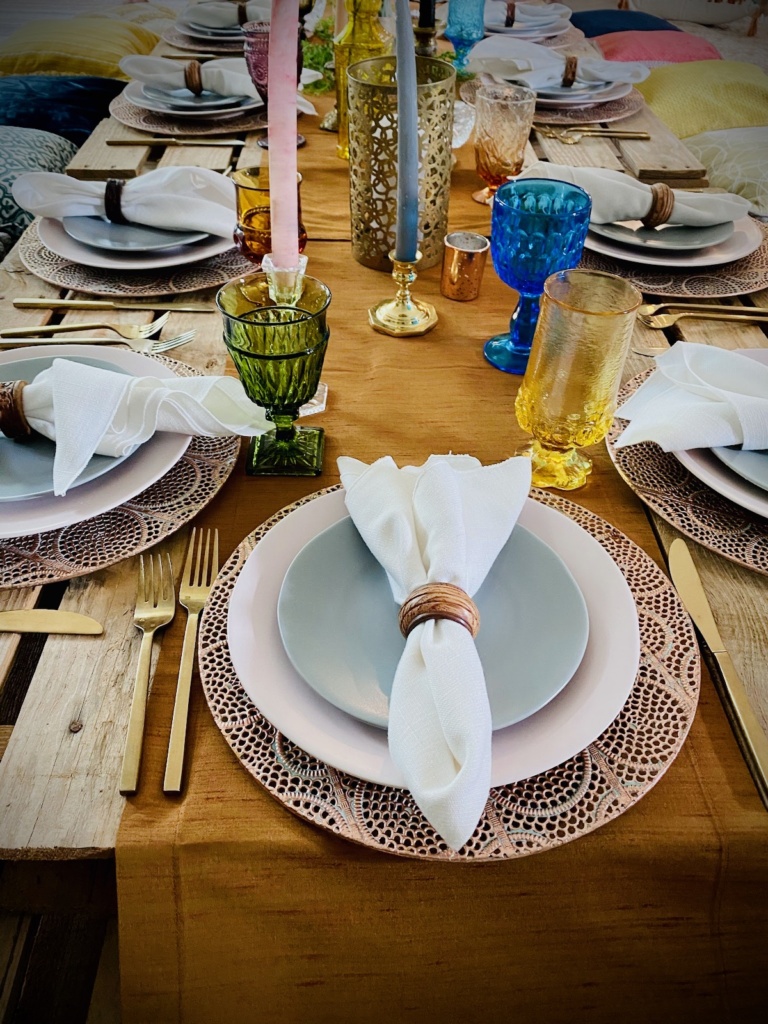 Boho Style-Place Settings & Vintage Colored Goblets