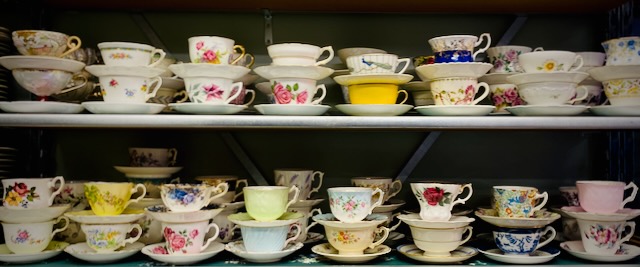 Vintage Teacups on Shelves