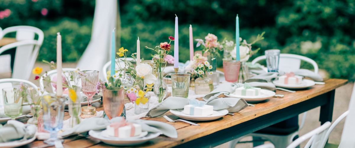 Vintage Spring Wedding Reception with Colored Goblets