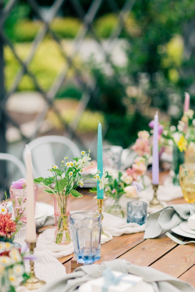 Vintage Spring Wedding Reception with Colored Goblets