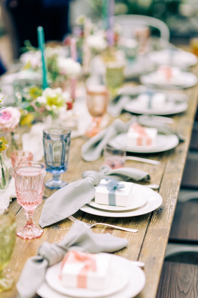 Vintage Spring Wedding Reception with Colored Goblets