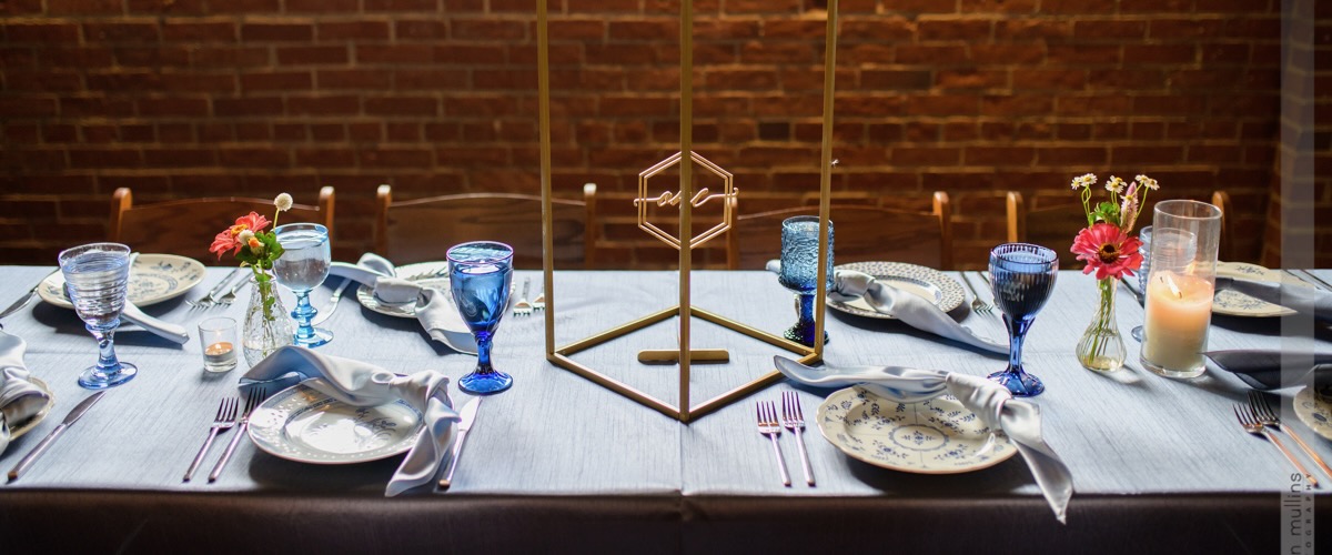 Vintage Reception Tables with Blue Goblets
